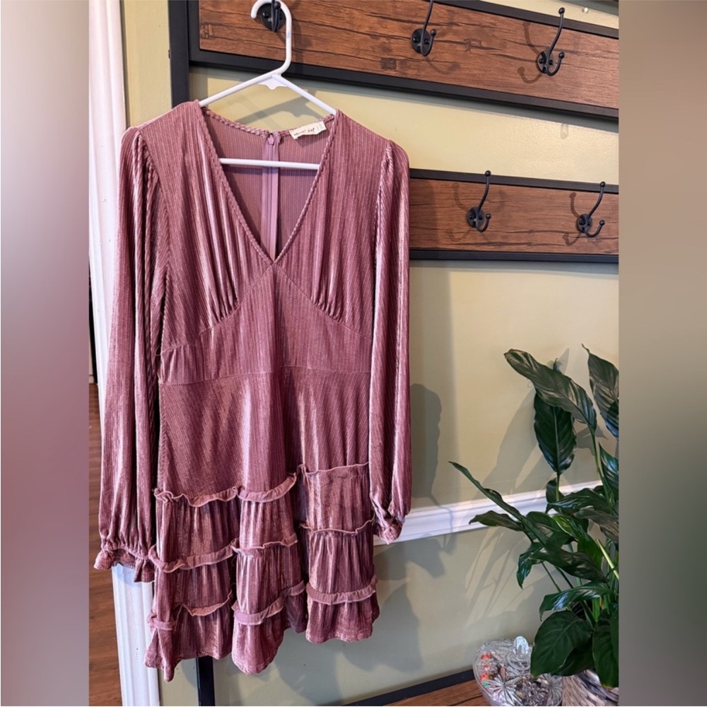 Ruffled Long Sleeve V-Neck Mini Dress in Dusty Rose - Picture 6 of 6